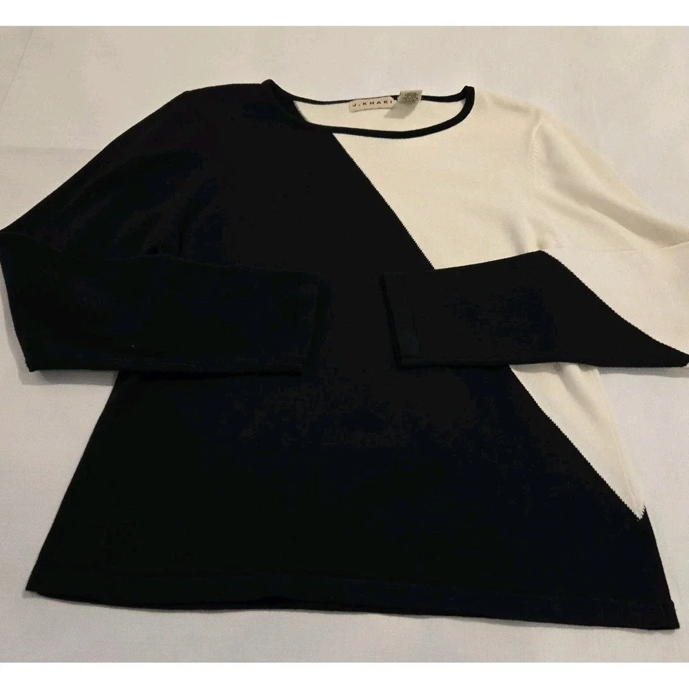 J Khaki Women's Sweater Long‎ Sleeve  Black Cream Colorblock 100% Cotton Size L